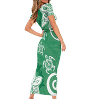 Polynesia Short Sleeve Bodycon Dress Green Tribal Turtle Floral Pattern LT05 - Polynesian Pride