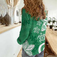 Polynesia Women Casual Shirt Green Tribal Turtle Floral Pattern
