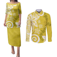 Polynesia Couples Matching Puletasi and Long Sleeve Button Shirt Yellow Tribal Turtle Floral Pattern LT05 Yellow - Polynesian Pride