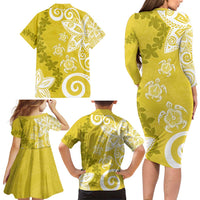 Polynesia Family Matching Long Sleeve Bodycon Dress and Hawaiian Shirt Yellow Tribal Turtle Floral Pattern