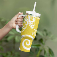 Polynesia Tumbler With Handle Yellow Tribal Turtle Floral Pattern