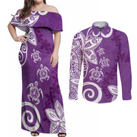 Polynesia Couples Matching Off Shoulder Maxi Dress and Long Sleeve Button Shirt Purple Tribal Turtle Floral Pattern LT05 Purple - Polynesian Pride