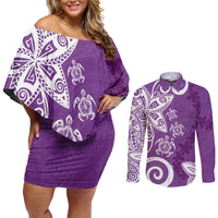 Polynesia Couples Matching Off Shoulder Short Dress and Long Sleeve Button Shirt Purple Tribal Turtle Floral Pattern LT05 Purple - Polynesian Pride