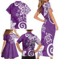 Polynesia Family Matching Short Sleeve Bodycon Dress and Hawaiian Shirt Purple Tribal Turtle Floral Pattern