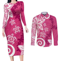 Polynesia Couples Matching Long Sleeve Bodycon Dress and Long Sleeve Button Shirt Pink Tribal Turtle Floral Pattern LT05 Pink - Polynesian Pride