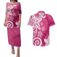 Polynesia Couples Matching Puletasi and Hawaiian Shirt Pink Tribal Turtle Floral Pattern