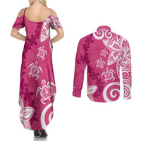Polynesia Couples Matching Summer Maxi Dress and Long Sleeve Button Shirt Pink Tribal Turtle Floral Pattern LT05 - Polynesian Pride