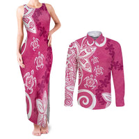 Polynesia Couples Matching Tank Maxi Dress and Long Sleeve Button Shirt Pink Tribal Turtle Floral Pattern LT05 Pink - Polynesian Pride