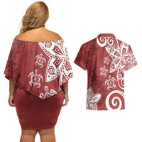 Polynesia Couples Matching Off Shoulder Short Dress and Hawaiian Shirt Red Tribal Turtle Floral Pattern