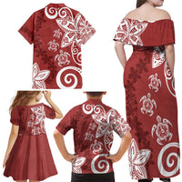 Polynesia Family Matching Off Shoulder Maxi Dress and Hawaiian Shirt Red Tribal Turtle Floral Pattern
