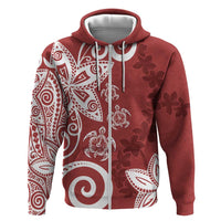 Polynesia Zip Hoodie Red Tribal Turtle Floral Pattern