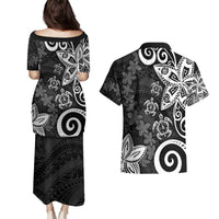 Polynesia Couples Matching Puletasi and Hawaiian Shirt Black Tribal Turtle Floral Pattern