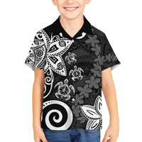 Polynesia Family Matching Off The Shoulder Long Sleeve Dress and Hawaiian Shirt Black Tribal Turtle Floral Pattern