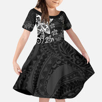 Polynesia Family Matching Off Shoulder Maxi Dress and Hawaiian Shirt Black Tribal Turtle Floral Pattern