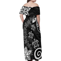 Polynesia Family Matching Off Shoulder Maxi Dress and Hawaiian Shirt Black Tribal Turtle Floral Pattern