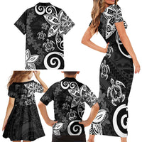 Polynesia Family Matching Short Sleeve Bodycon Dress and Hawaiian Shirt Black Tribal Turtle Floral Pattern
