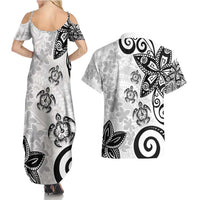 Polynesia Couples Matching Summer Maxi Dress and Hawaiian Shirt White Tribal Turtle Floral Pattern
