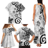 Polynesia Family Matching Tank Maxi Dress and Hawaiian Shirt White Tribal Turtle Floral Pattern