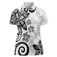 Polynesia Women Polo Shirt White Tribal Turtle Floral Pattern