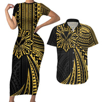 Hawaii And Philippines Couples Matching Short Sleeve Bodycon Dress and Hawaiian Shirt Kanaka Maoli With Tribal Sun Together Gold