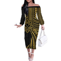 Hawaii And Philippines Family Matching Off The Shoulder Long Sleeve Dress and Hawaiian Shirt Kanaka Maoli With Tribal Sun Together Gold