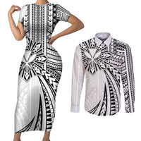 Hawaii And Philippines Couples Matching Short Sleeve Bodycon Dress and Long Sleeve Button Shirt Kanaka Maoli With Tribal Sun Together White