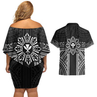 Hawaii And Philippines Together Couples Matching Off Shoulder Short Dress and Hawaiian Shirt Polynesian Pattern With Filipino Barong Black LT05 - Polynesian Pride
