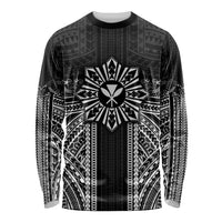 Hawaii And Philippines Together Long Sleeve Shirt Polynesian Pattern With Filipino Barong Black