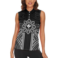 Hawaii And Philippines Together Women Sleeveless Polo Shirt Polynesian Pattern With Filipino Barong Black