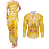Personalised Anastasis College Couples Matching Tank Maxi Dress and Long Sleeve Button Shirt Tonga Ngatu Pattern LT05 Yellow - Polynesian Pride
