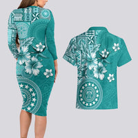Cook Islands Couples Matching Long Sleeve Bodycon Dress and Hawaiian Shirt Teal Hibiscus And Stars