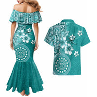 Cook Islands Couples Matching Mermaid Dress and Hawaiian Shirt Teal Hibiscus And Stars