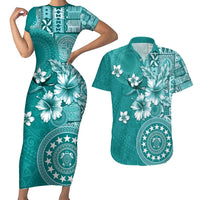 Cook Islands Couples Matching Short Sleeve Bodycon Dress and Hawaiian Shirt Teal Hibiscus And Stars