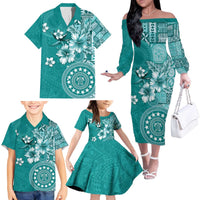 Cook Islands Family Matching Off The Shoulder Long Sleeve Dress and Hawaiian Shirt Teal Hibiscus And Stars