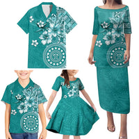 Cook Islands Family Matching Puletasi and Hawaiian Shirt Teal Hibiscus And Stars