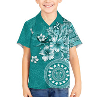 Cook Islands Family Matching Short Sleeve Bodycon Dress and Hawaiian Shirt Teal Hibiscus And Stars