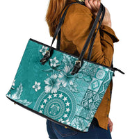 Cook Islands Leather Tote Bag Teal Hibiscus And Stars