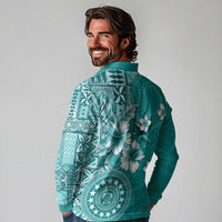Cook Islands Long Sleeve Polo Shirt Teal Hibiscus And Stars LT05 - Polynesian Pride