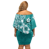 Cook Islands Off Shoulder Short Dress Teal Hibiscus And Stars