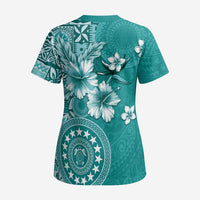 Cook Islands Scrub Top Teal Hibiscus And Stars - Polynesian Pride