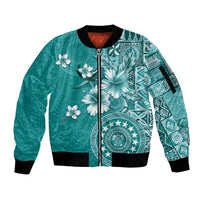 Cook Islands Sleeve Zip Bomber Jacket Teal Hibiscus And Stars