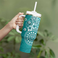 Cook Islands Tumbler With Handle Teal Hibiscus And Stars