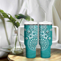Cook Islands Tumbler With Handle Teal Hibiscus And Stars