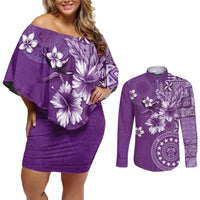 Cook Islands Couples Matching Off Shoulder Short Dress and Long Sleeve Button Shirt Purple Hibiscus And Stars LT05 Purple - Polynesian Pride