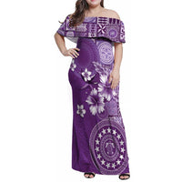 Cook Islands Family Matching Off Shoulder Maxi Dress and Hawaiian Shirt Purple Hibiscus And Stars