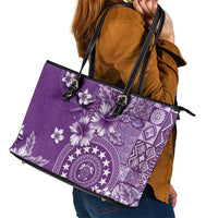 Cook Islands Leather Tote Bag Purple Hibiscus And Stars