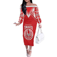 Custom Tahiti Football Family Matching Off The Shoulder Long Sleeve Dress and Hawaiian Shirt Coat Of Arms Polynesian Tribal Pattern