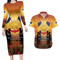 ANZAC Day Couples Matching Long Sleeve Bodycon Dress and Hawaiian Shirt Remembrance Tribute Soldiers And Poppy Field