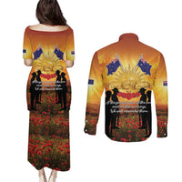 ANZAC Day Couples Matching Puletasi and Long Sleeve Button Shirt Remembrance Tribute Soldiers And Poppy Field