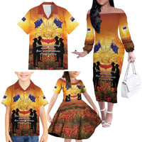ANZAC Day Family Matching Off The Shoulder Long Sleeve Dress and Hawaiian Shirt Remembrance Tribute Soldiers And Poppy Field